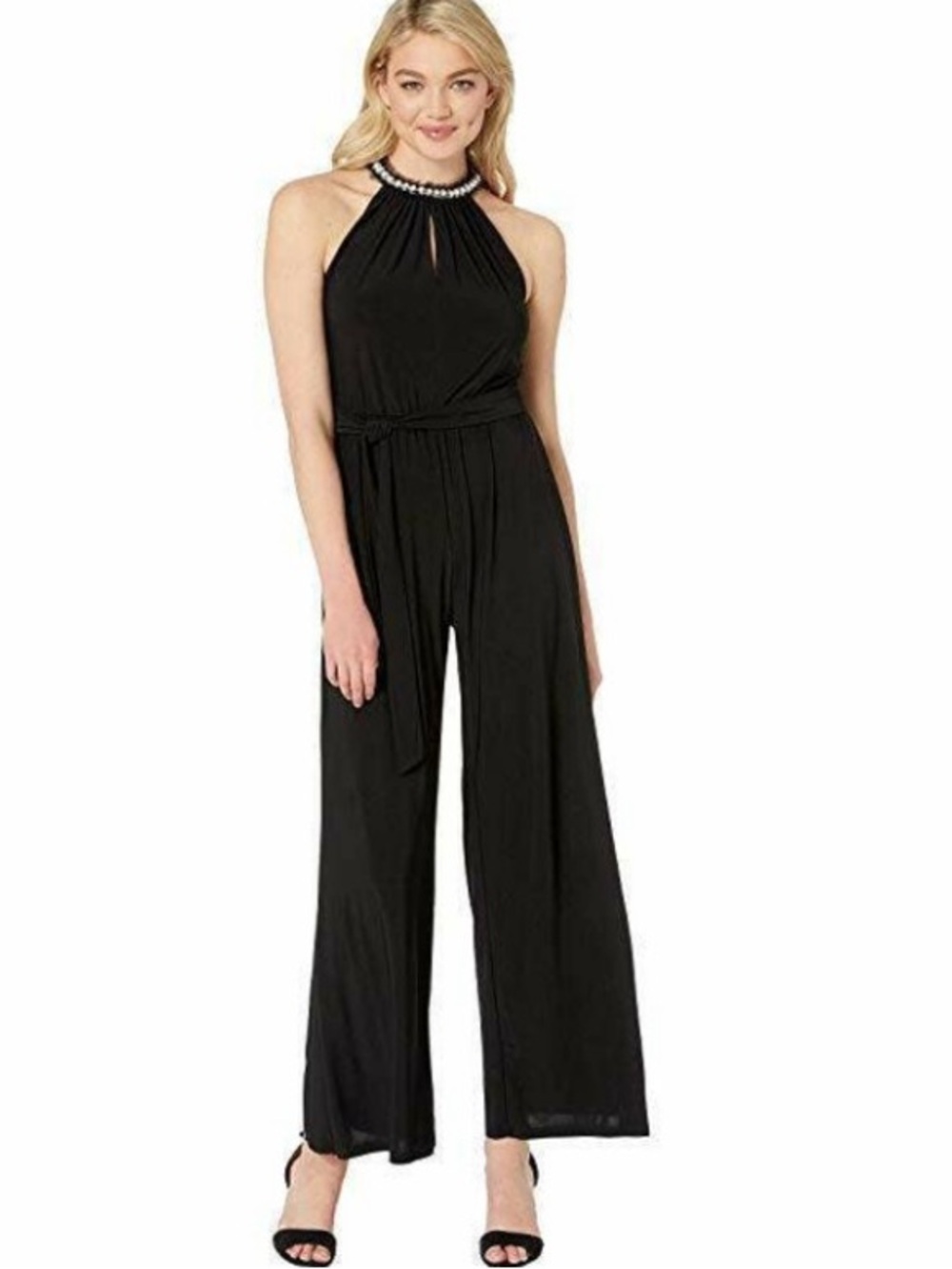 Betsey Johnson Black Halter-Neck Wide-Leg Jumpsuit with Beaded Collar